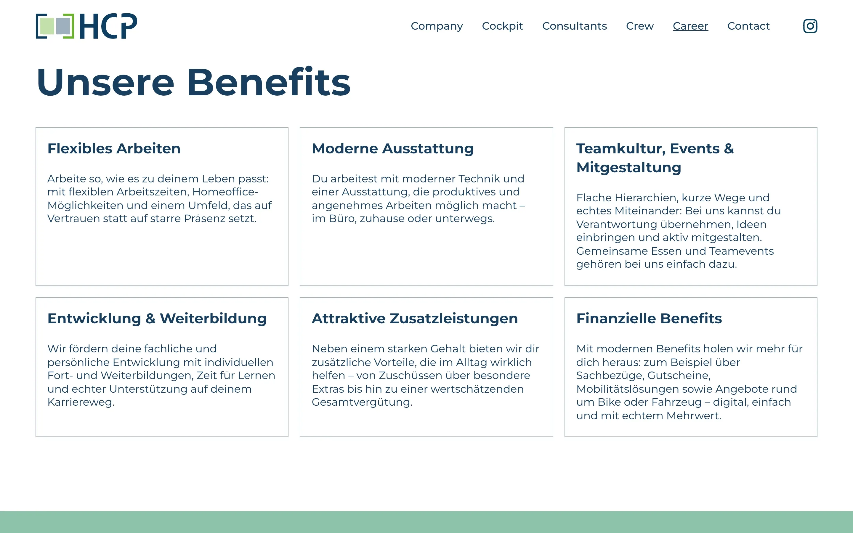 Karriereseite von hcp-berater.de mit den Benefits für Mitarbeitende