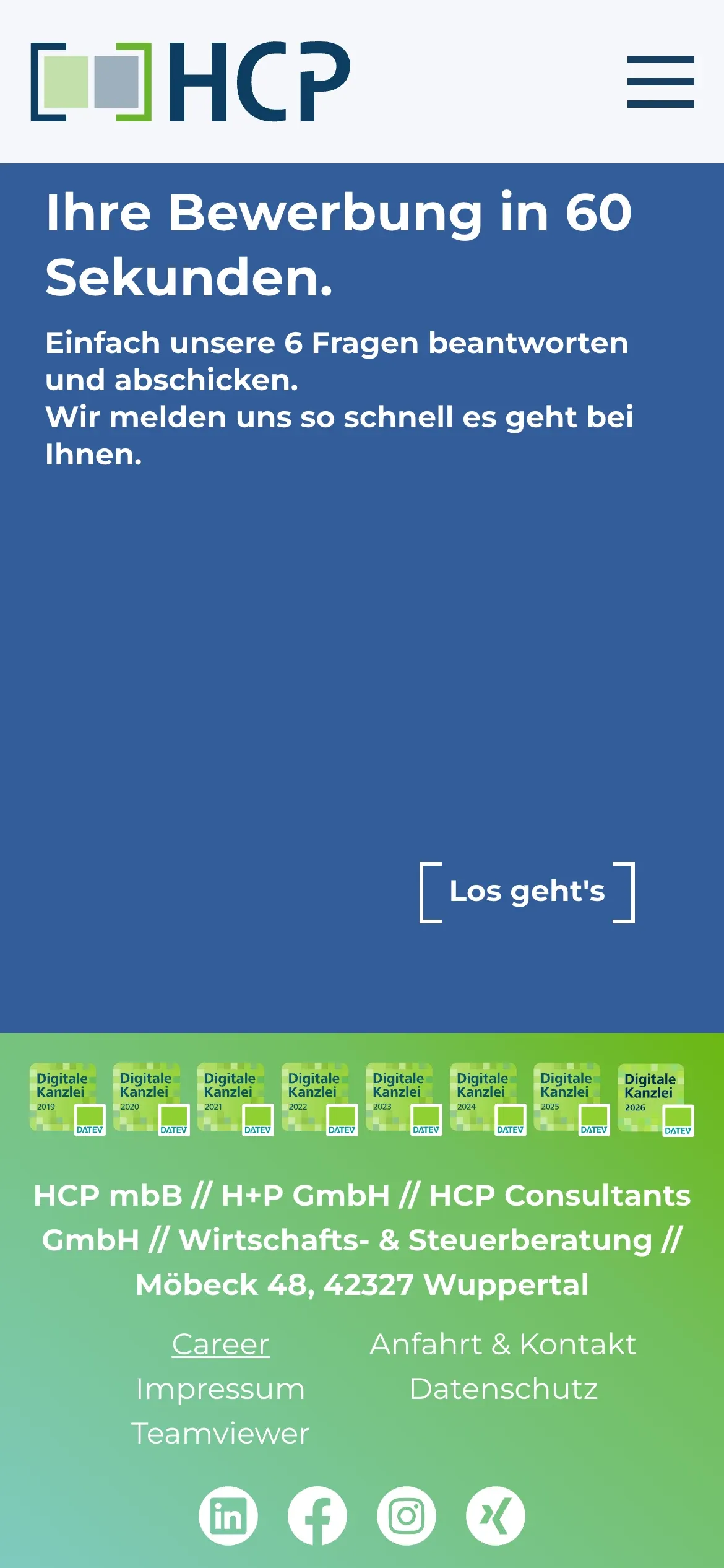Einstieg ins Bewerbungsformular „Ihre Bewerbung in 60 Sekunden“ auf dem Smartphone