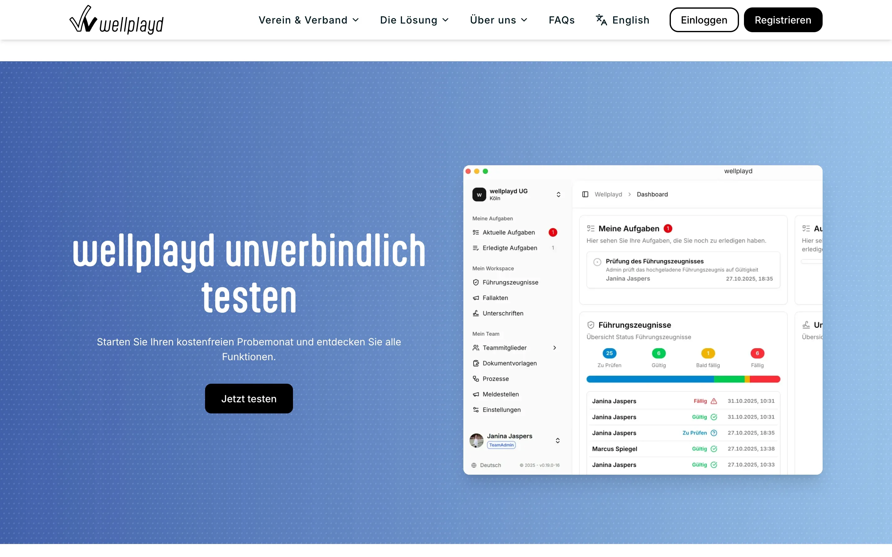 Dashboard-Vorschau „wellplayd unverbindlich testen" auf wellplayd.org