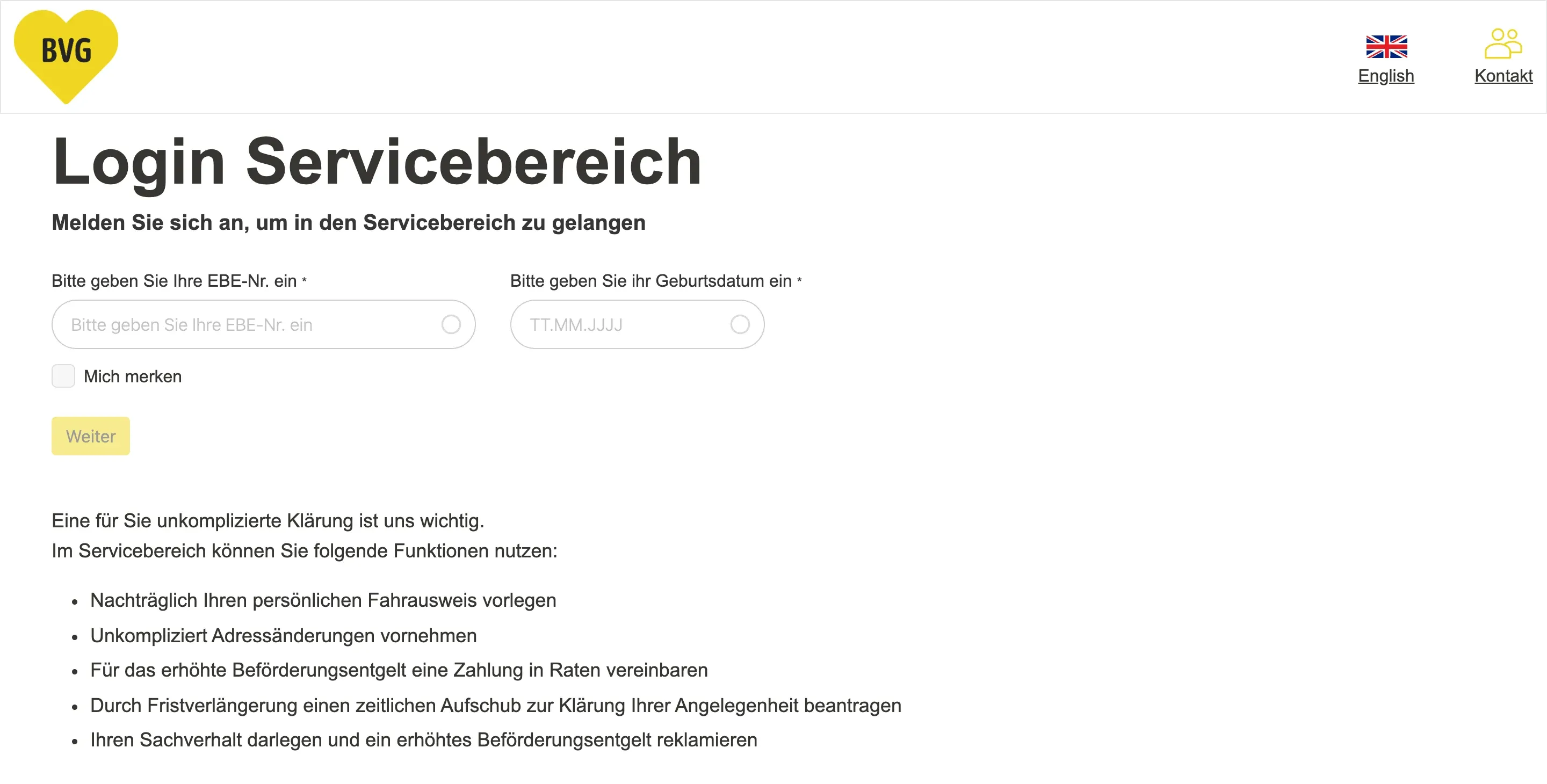Login in den Servicebereich des BVG-Portals mit EBE-Nummer und Geburtsdatum am Desktop