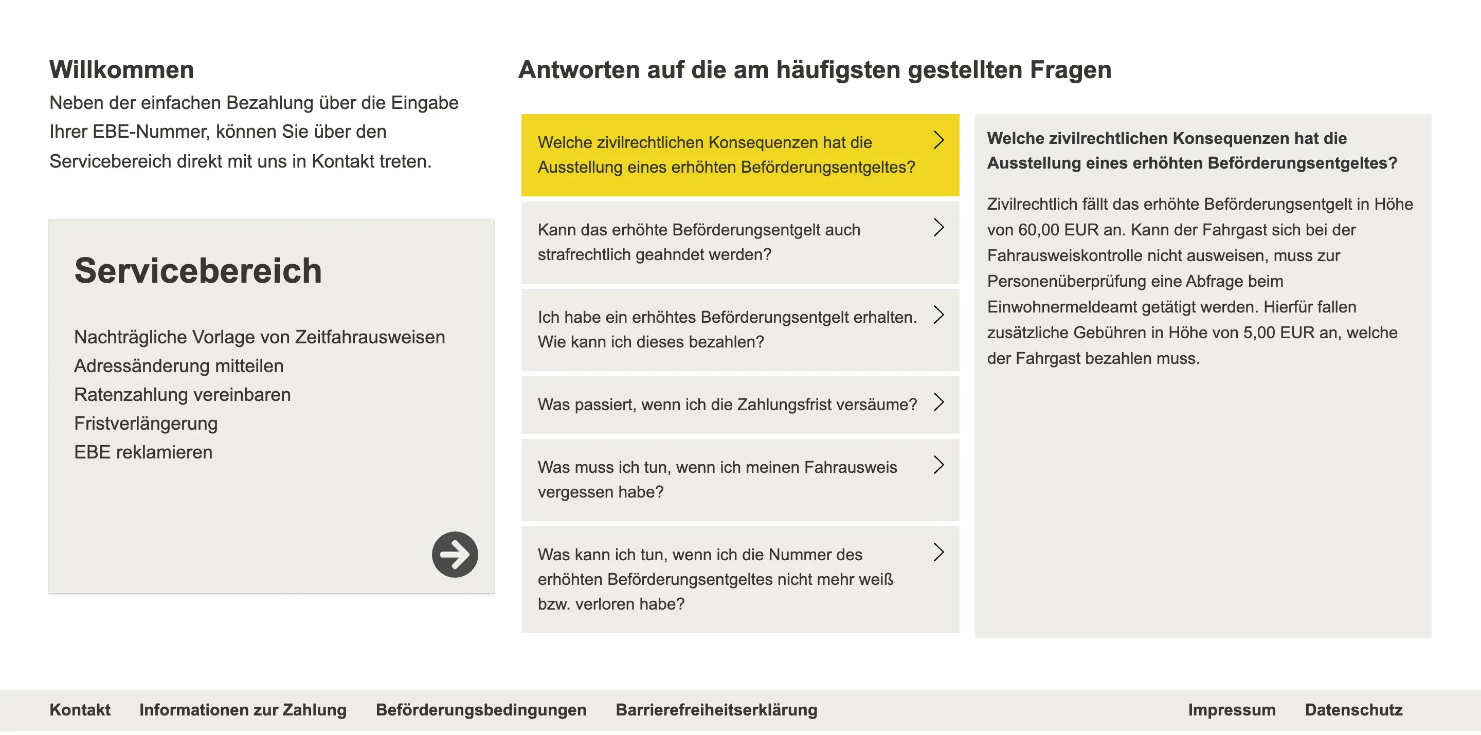 Servicebereich und FAQ auf der Startseite des BVG-Portals