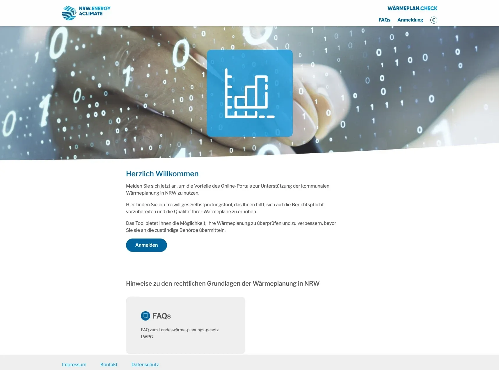 Startseite des Wärmeplan.Check von NRW.Energy4Climate mit Anmeldung