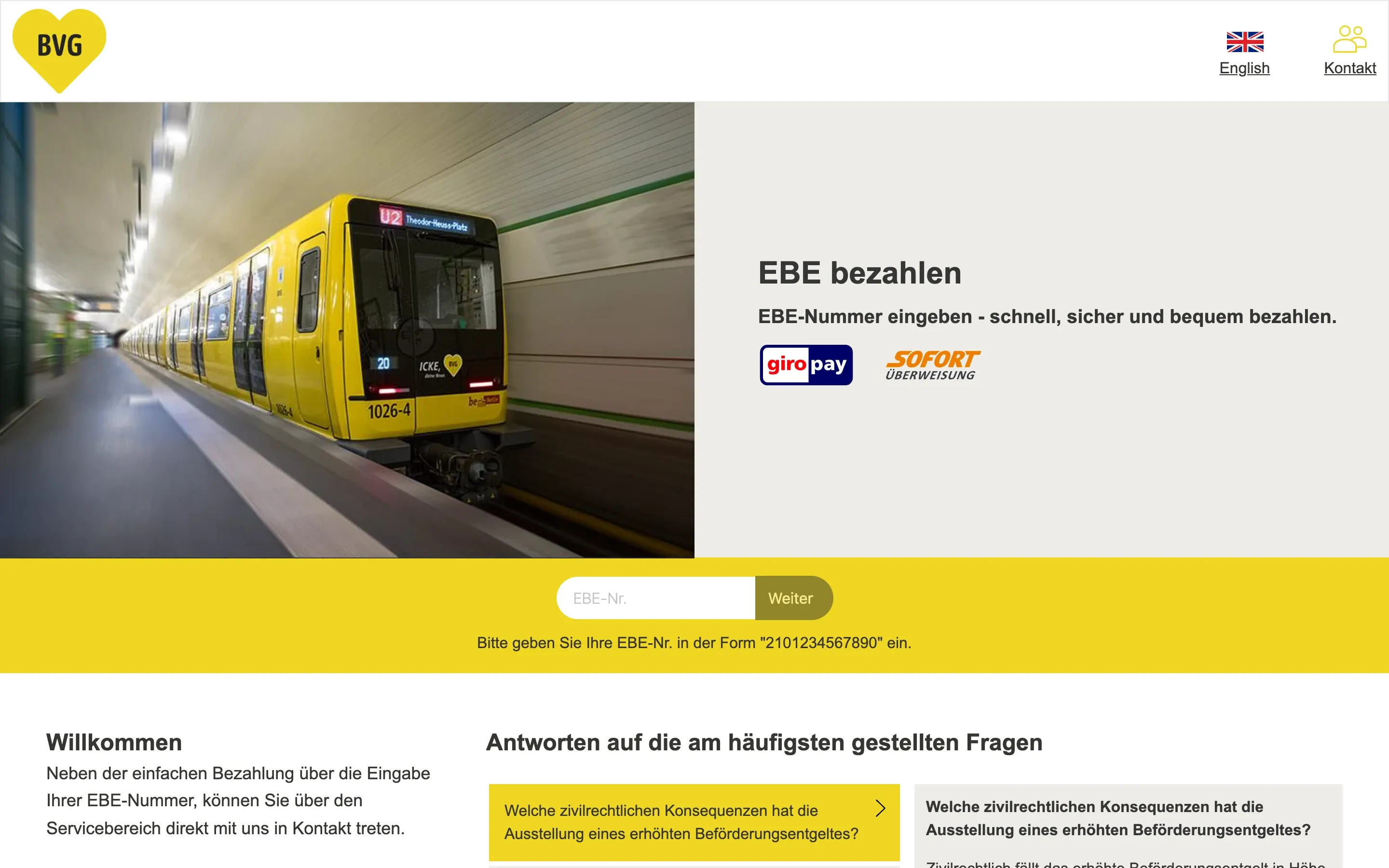 Startseite des BVG-Portals zur Zahlung erhöhter Beförderungsentgelte am Desktop, mit Eingabefeld für die EBE-Nummer